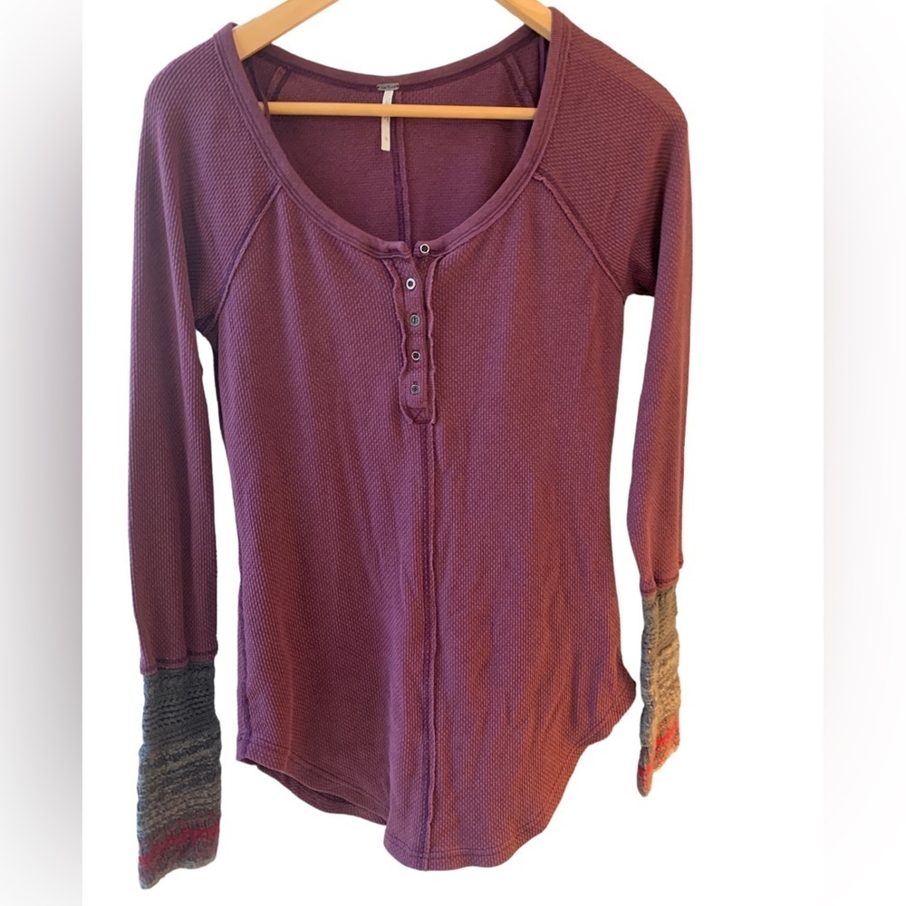 Free People Top Womens Maroon Switch it Up Crochet Sleeve Thermal Henley Boho L